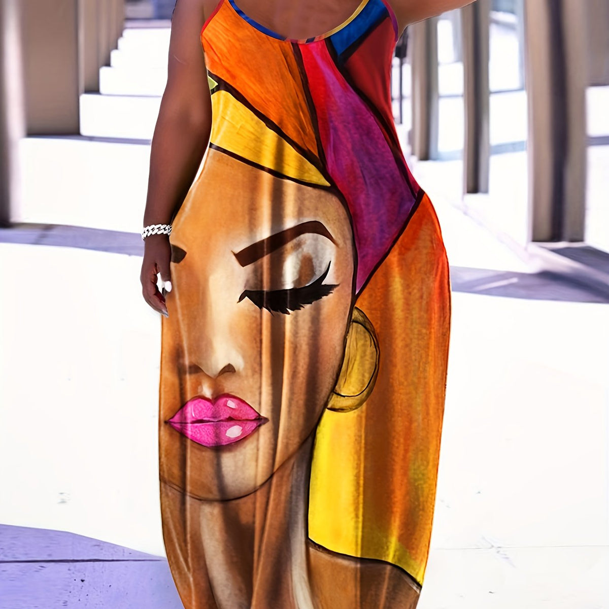  Colorblock Figure Print Maxi Cami Dress