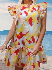  Allover Print Ruffle Sleeve Dress