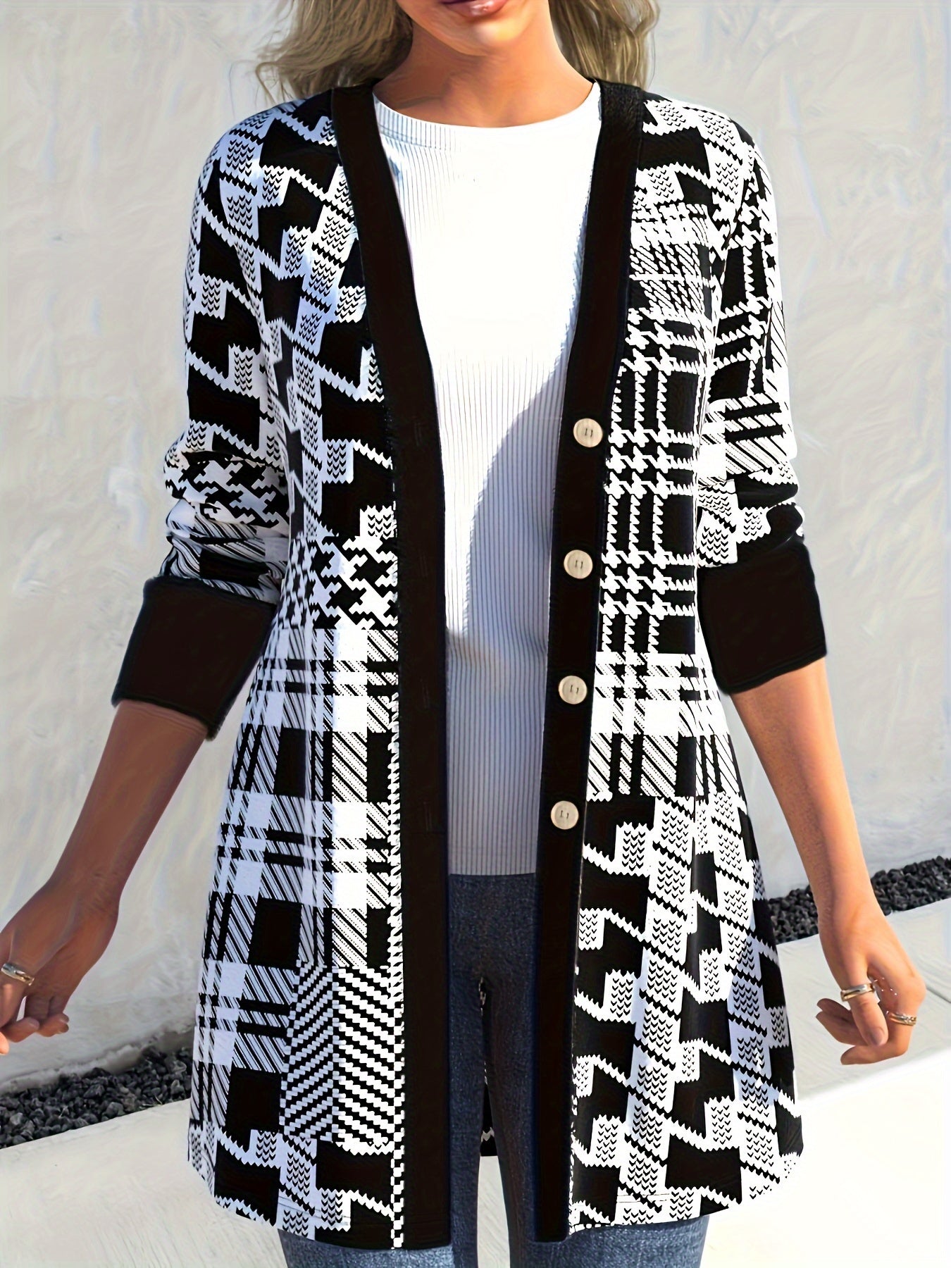  Geometric Print Cardigan Long Sleeve Button Up