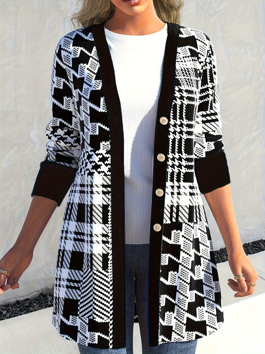  Geometric Print Cardigan Long Sleeve Button Up
