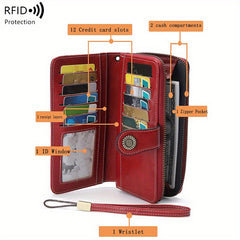 RFID Blocking Long Wallet with Wristlet Retro Style Faux Leather Wallet