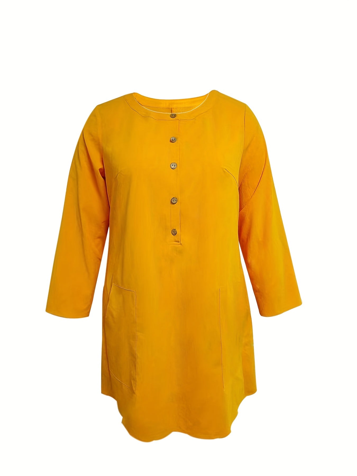  Solid Button Up Long Sleeve Dress With Pockets