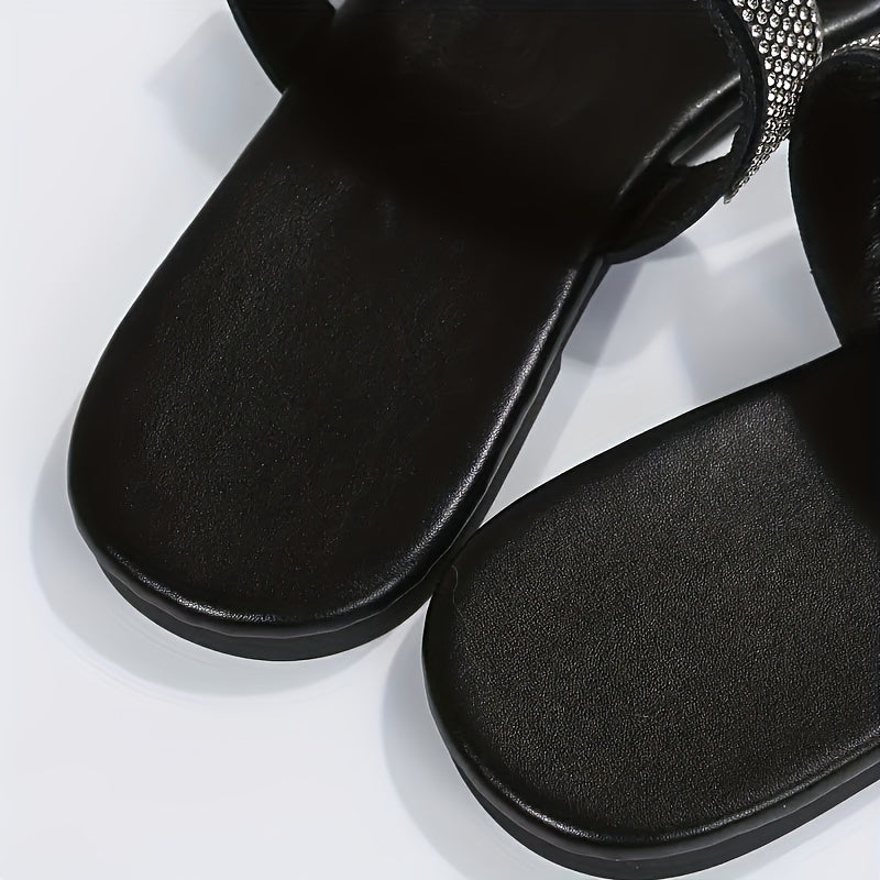 Women's Rhinestone Loop Toe Slide Sandals Lightweight Flat Summer Shoes