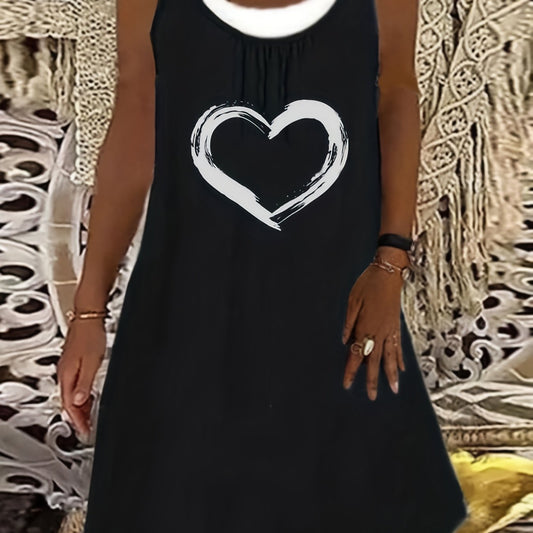  Heart Print Colorblock Round Neck Tank Dress