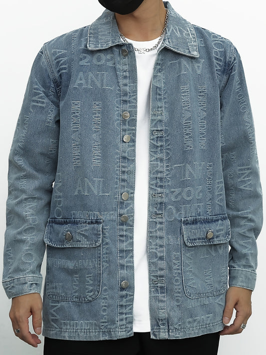 Letter Print Denim Jacket Men's Casual Lapel Button Up Coat