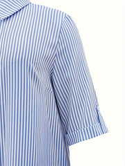  Stripe Print Roll Up Sleeve Button Up Shirt Dress