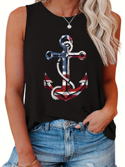  Casual Tank Top Women's Flag Anchor Print Round Neck Tank Top