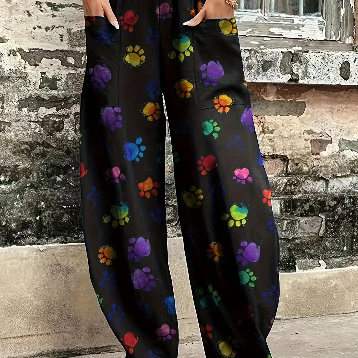 Women's Plus Colorful Paw Print Loose Fit Trousers With Pockets