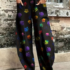 Women's Plus Colorful Paw Print Loose Fit Trousers With Pockets