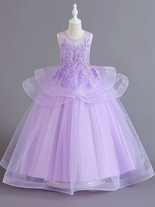Girls Ruffled Mesh Embroidered Princess Dress Sleeveless Dress