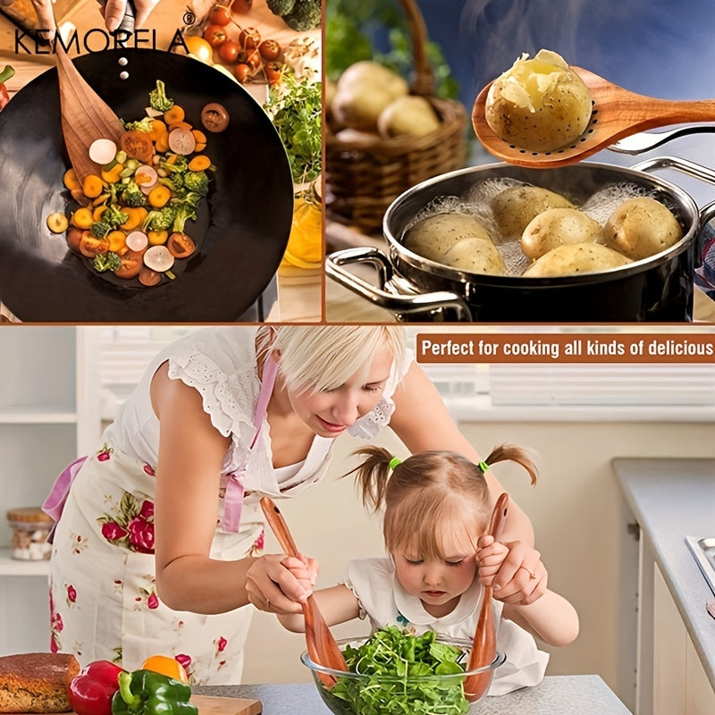 9pcs Wooden Spoons Utensils Holder Teak Kitchen Set with Spoon Rest