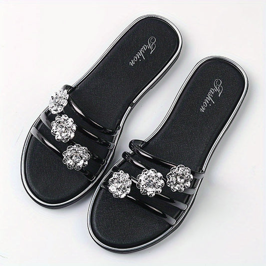 Rhinestone Flat Slides Open Toe Non Slip Shoes