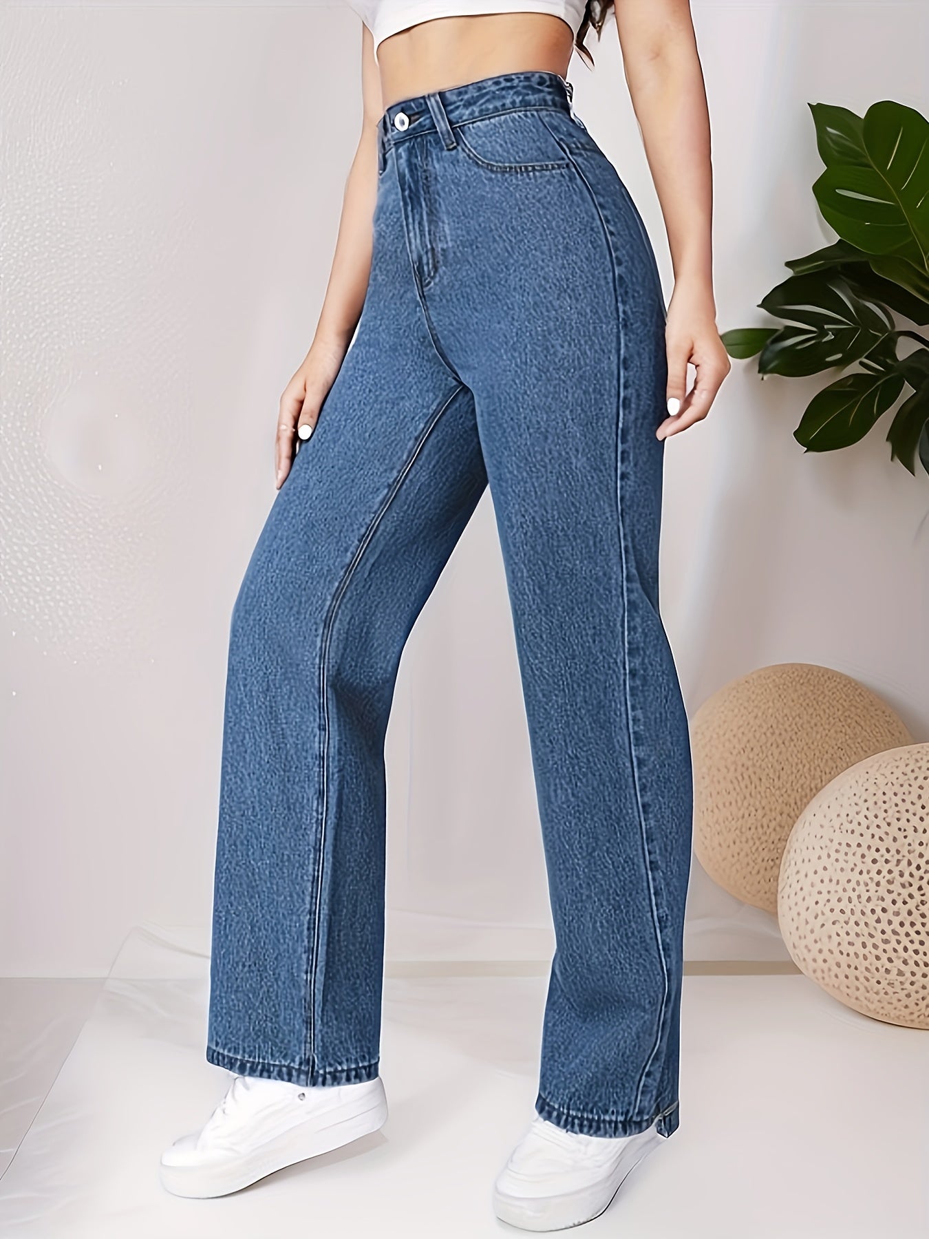 High Waist Straight Jeans Non Stretch Denim Pants