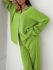 Women's Plus Solid Long Sleeve Shirt & Loose Pants 2 Piece Set