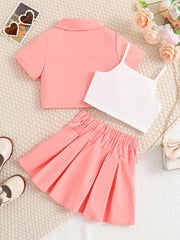 3pcs Girls Button Shirt & Pleated Skirt & Cami Crop Top Set