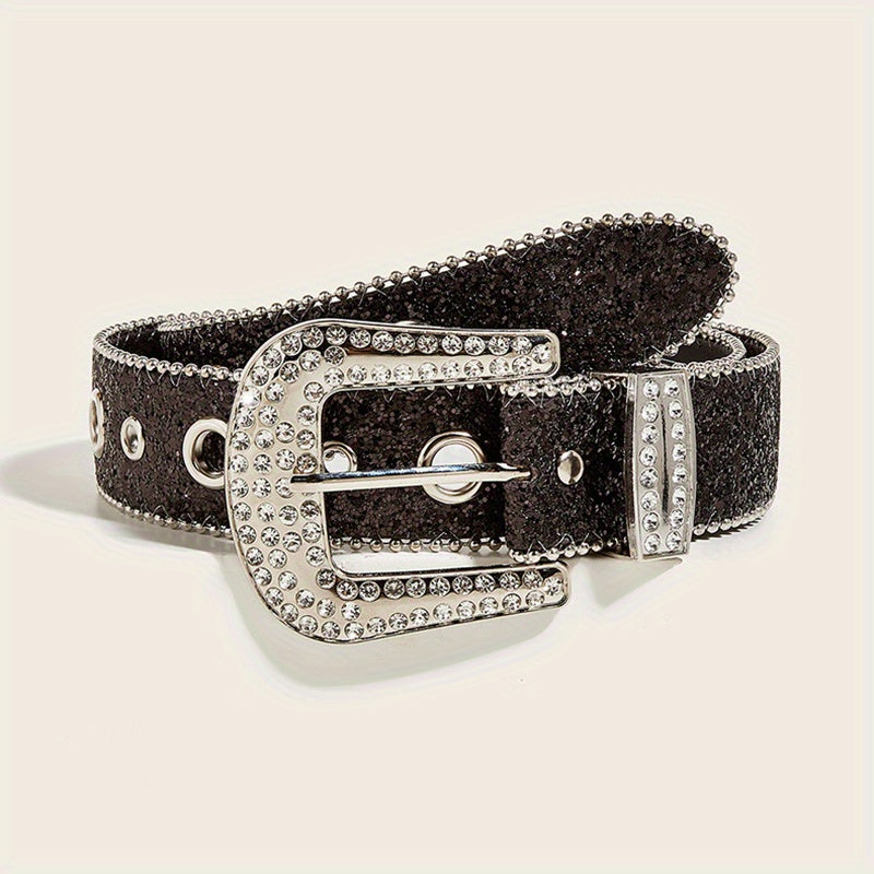 Glitter Eyelet Belt Hip Hop Rhinestone PU Leather Waistband