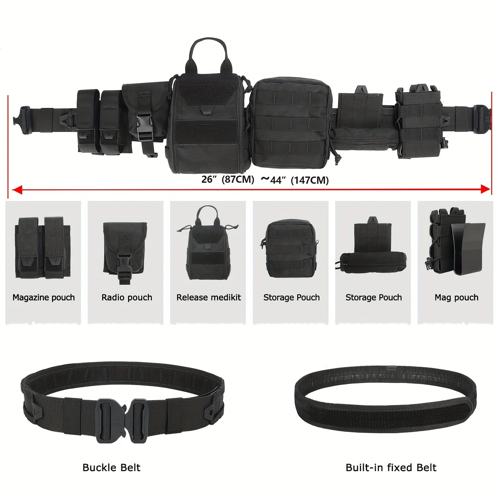 8pcs Molle Battle Belt Utility Belt w/ Pouches, Quick Release Trigger