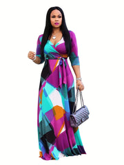  Geometric Print Surplice Neck Maxi Dress