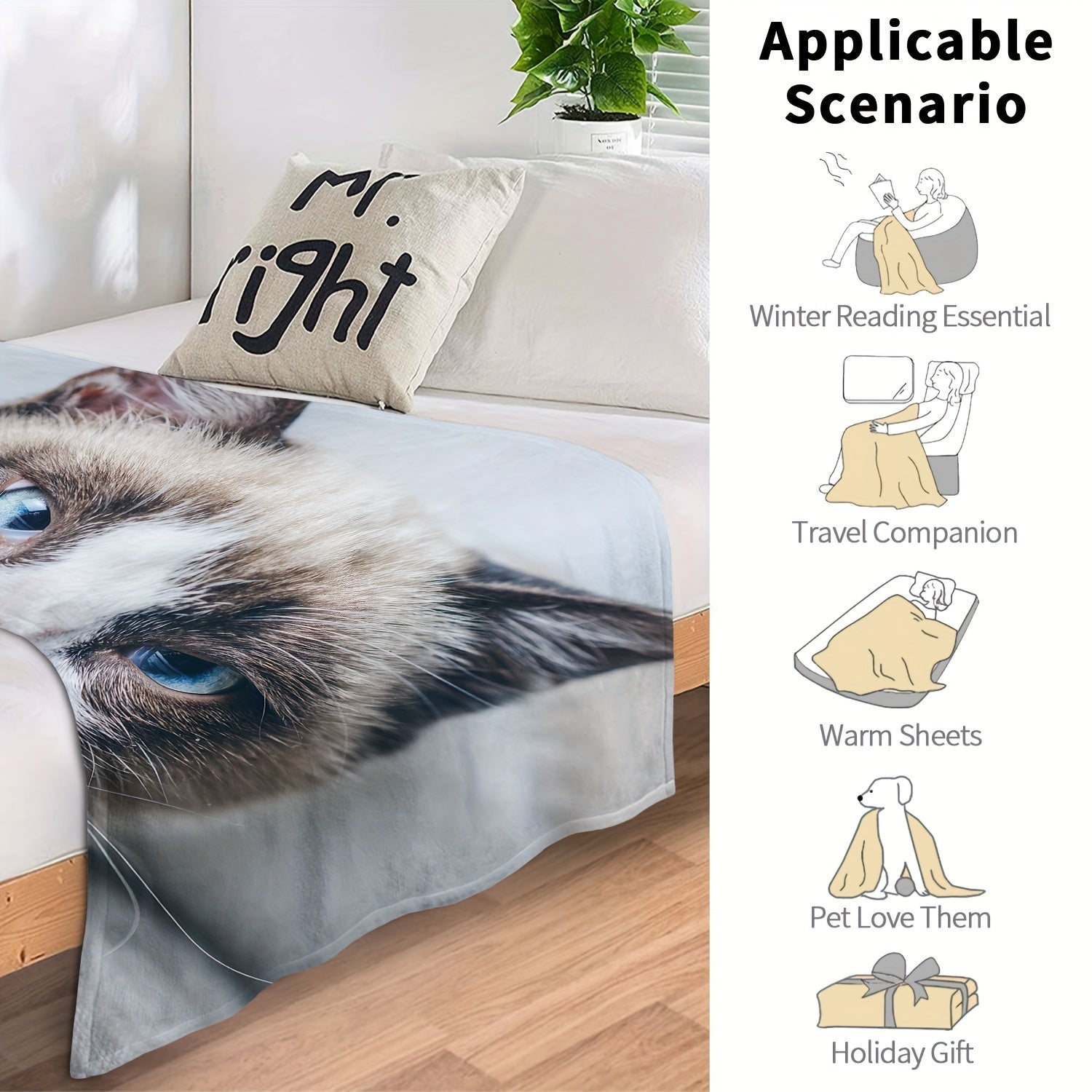Creative Cat Blanket Fluffy Flannel Soft Lightweight Blanket for Sofa Bed Couch