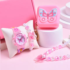 Girls' 3D Butterfly Strap Watch Set with Bracelet & Coin Purse
