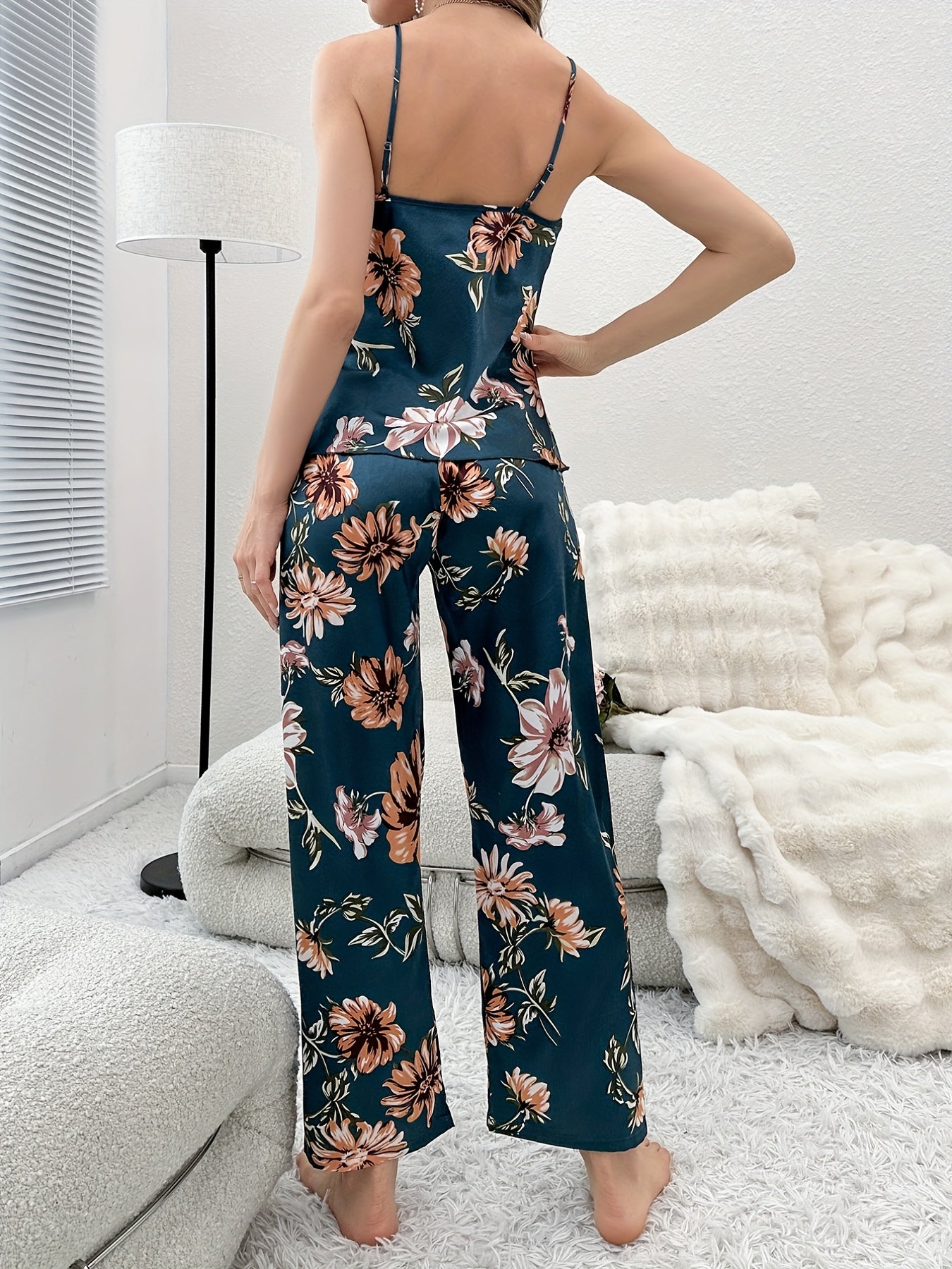 Floral Print Pajama Set Deep V Cami Top & Elastic Waistband Pants