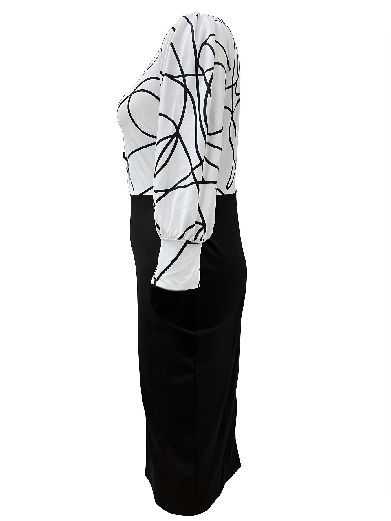 Abstract Print Split Dress Lantern Sleeve Crew Neck