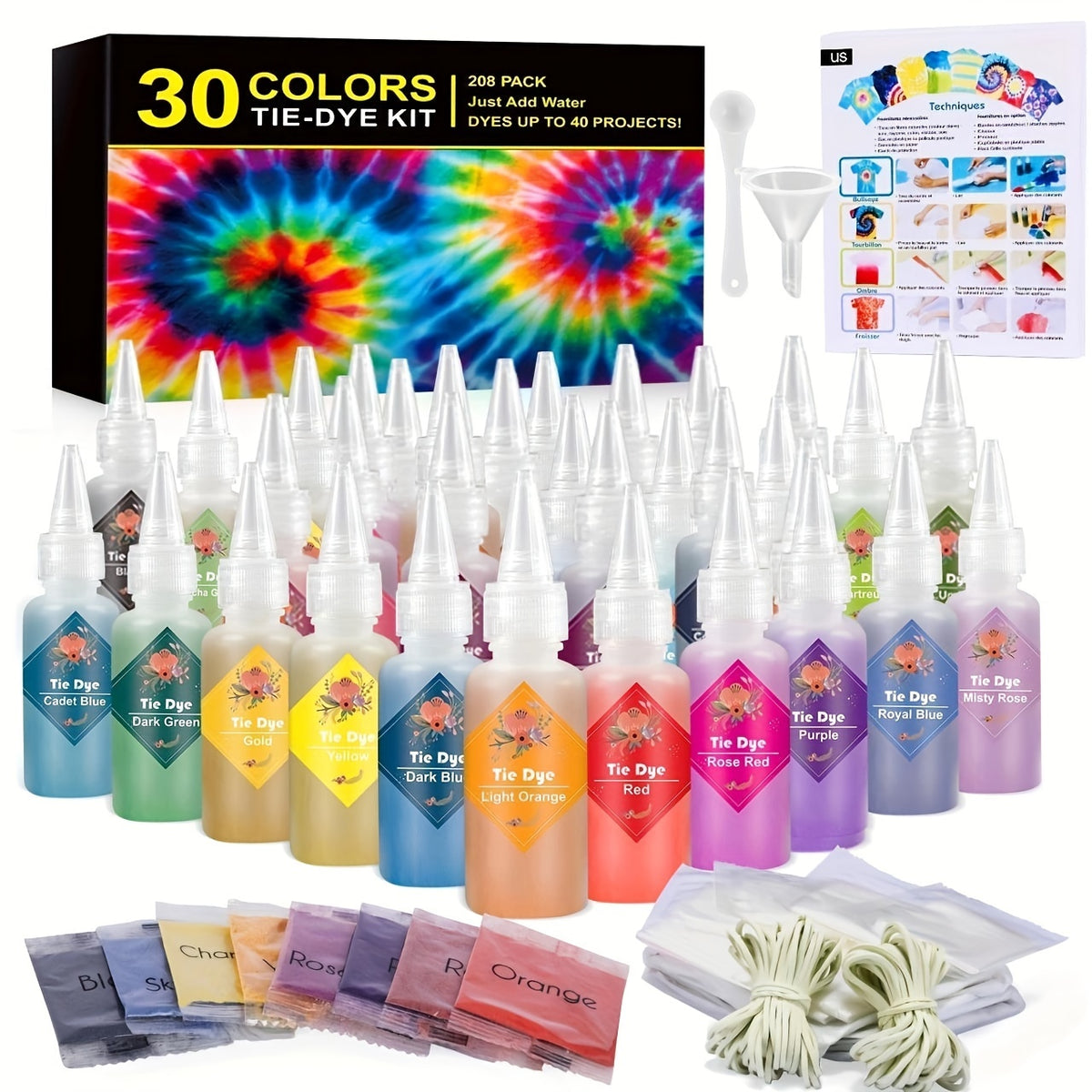 30 Colors Tie Dye Set Fabric Paint Squeeze Bottle Rubber Band Gloves DIY Craft