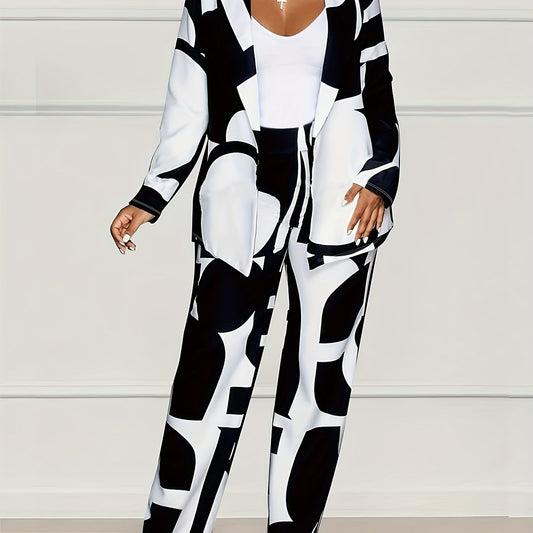 Women's Plus Geo Print Long Sleeve Coat & Pants Set