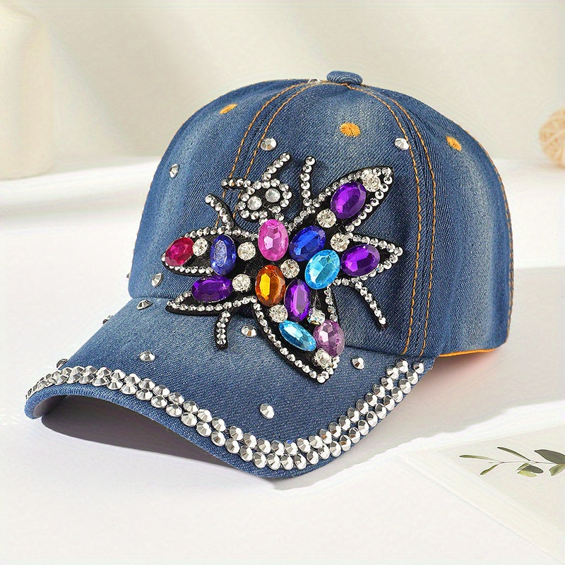 Bee Patch Baseball Cap Y2K Denim Hat Distressed Dad Hat For Women