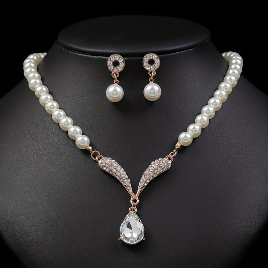 Vintage Faux Pearl Necklace & Earrings Set for Women