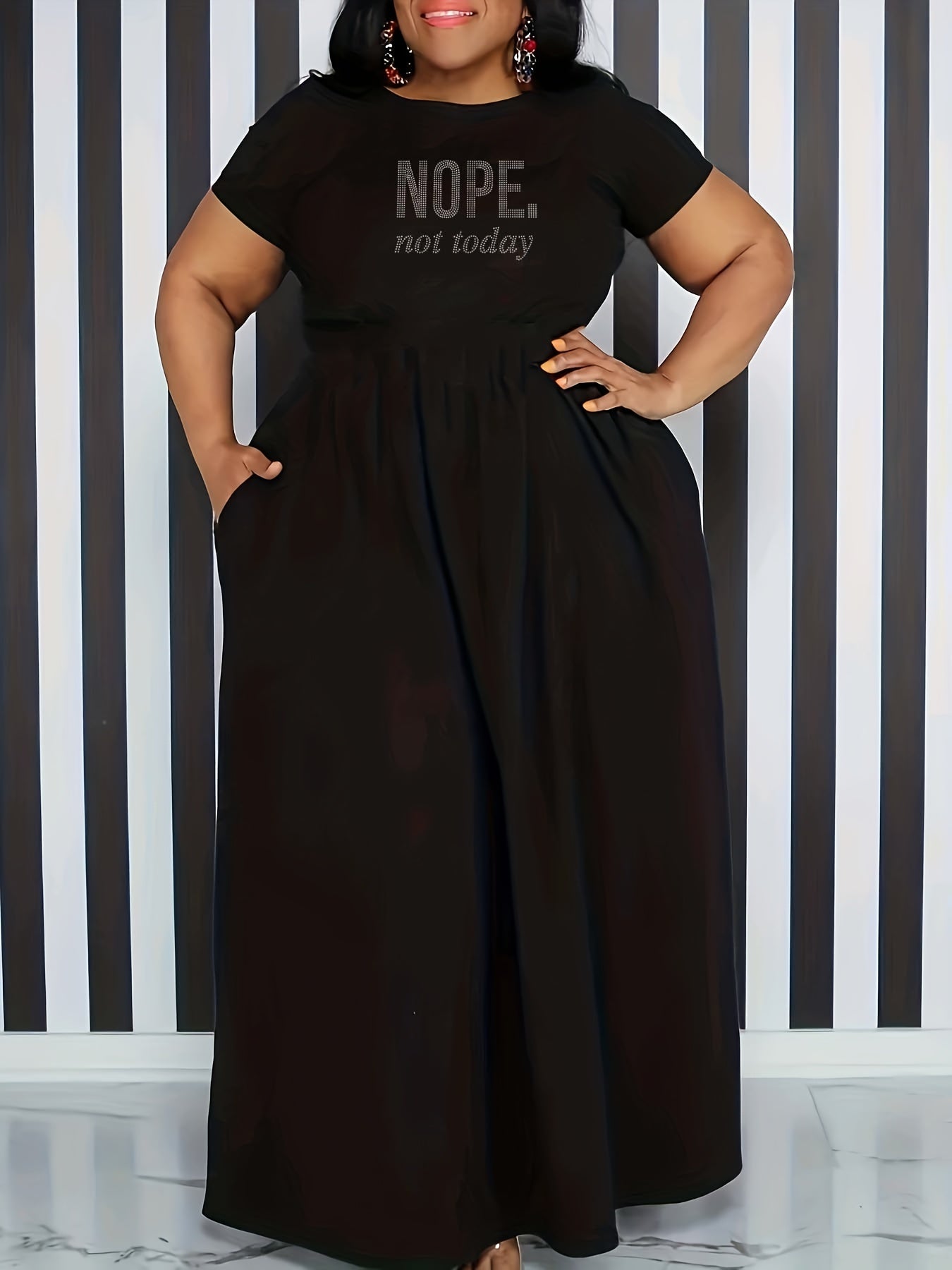  Rhinestone Slogan Print Maxi Tee Dress