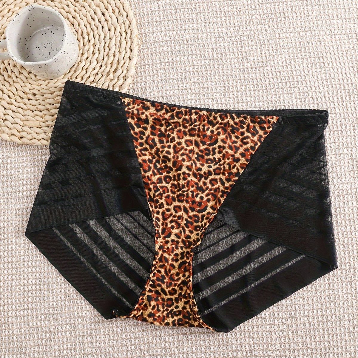  Sexy Panty Women's Plus Leopard Print Striped Mesh High Rise Brief