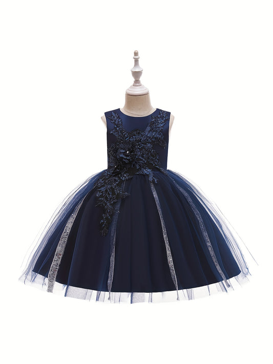 Girls Sleeveless Puffy Princess Dress Flowers Embroidery Mesh Tutu Dress