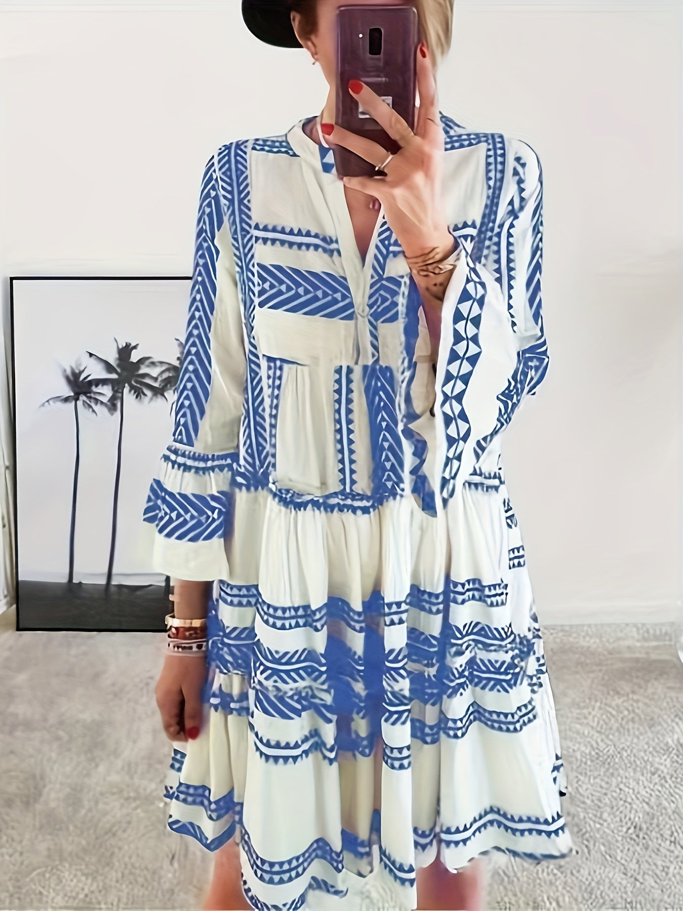  Geometric Print Bell Sleeve Smock Dress