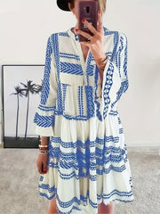  Geometric Print Bell Sleeve Smock Dress