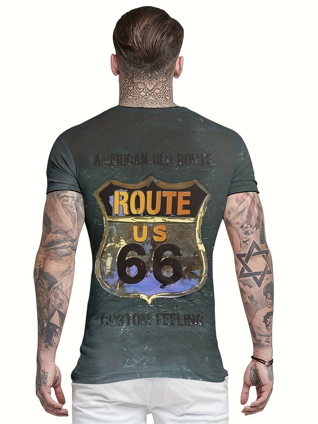 Men's Letter Print Tee Shirt Casual Round Neck Stretch Top for Summer