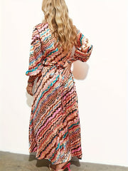  Stripe Print Lantern Sleeve Wrap Dress