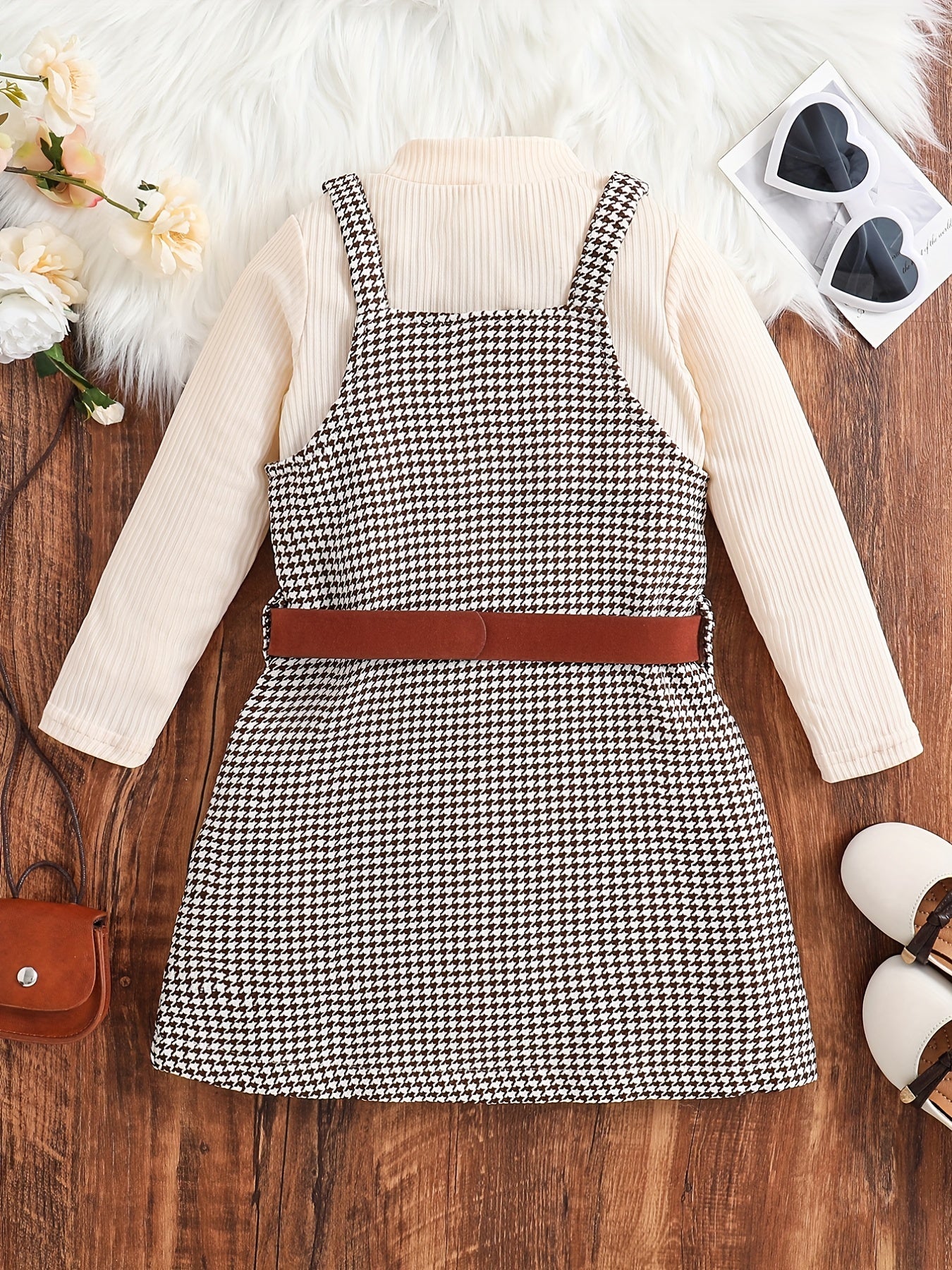 Girl's 2pcs Ribbed Top & Houndstooth Dress Set