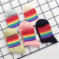 10 Pairs Rainbow Stripe Print Socks Women's Mid Tube Stockings