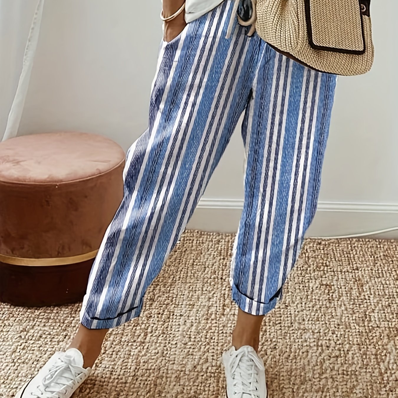  Stripe Print Drawstring Elastic High Rise Casual Pants
