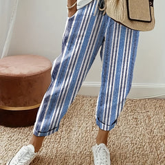  Stripe Print Drawstring Elastic High Rise Casual Pants