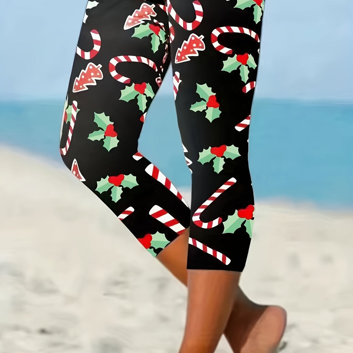 Christmas Print Skinny Capris Leggings Elastic Waist Cropped Leggings
