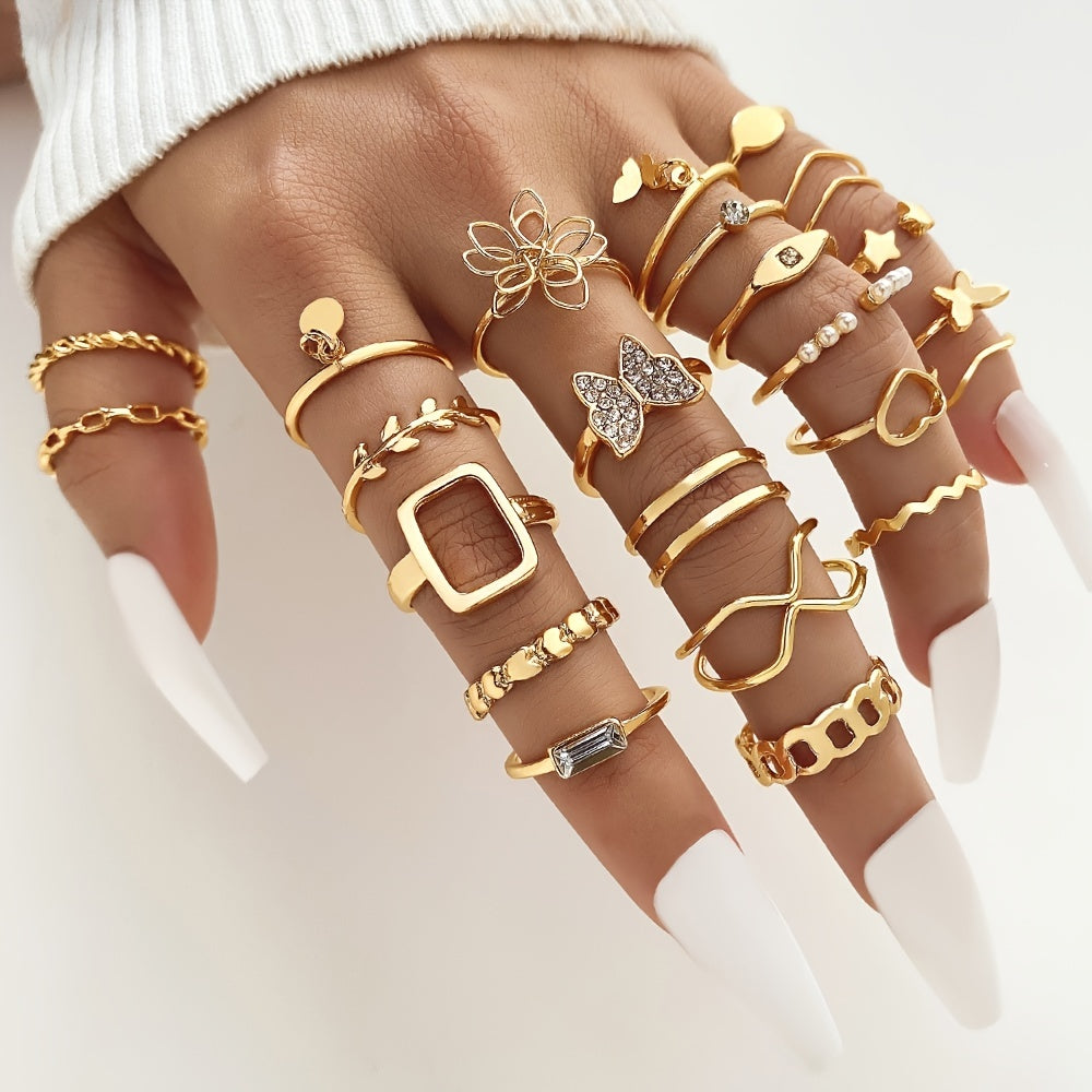 23pcs Exaggerated Flower Butterfly Rhinestone Pearl Ring Set Women's Joint Ring