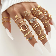 23pcs Exaggerated Flower Butterfly Rhinestone Pearl Ring Set Women's Joint Ring