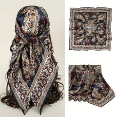 Boho Flower Print Square Scarf Silk Bandana Vintage Satin Shawl