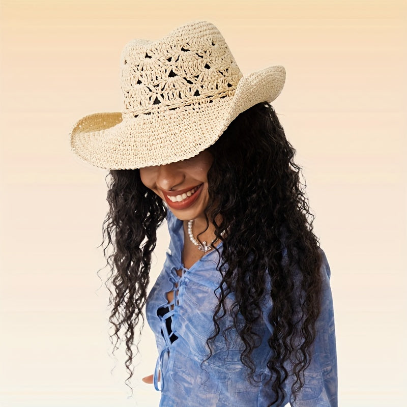 Vintage Y2K Hollow Crochet Straw Cowboy Hat