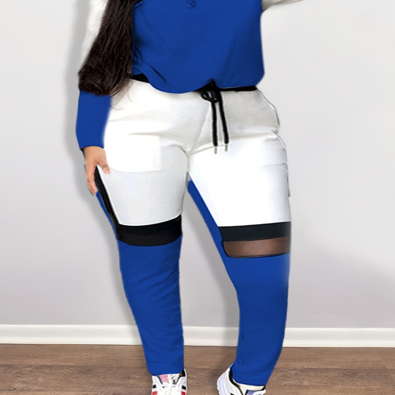  Colorblock Mesh Sweatshirt & Sweatpants Set Women's Plus 2pcs Set