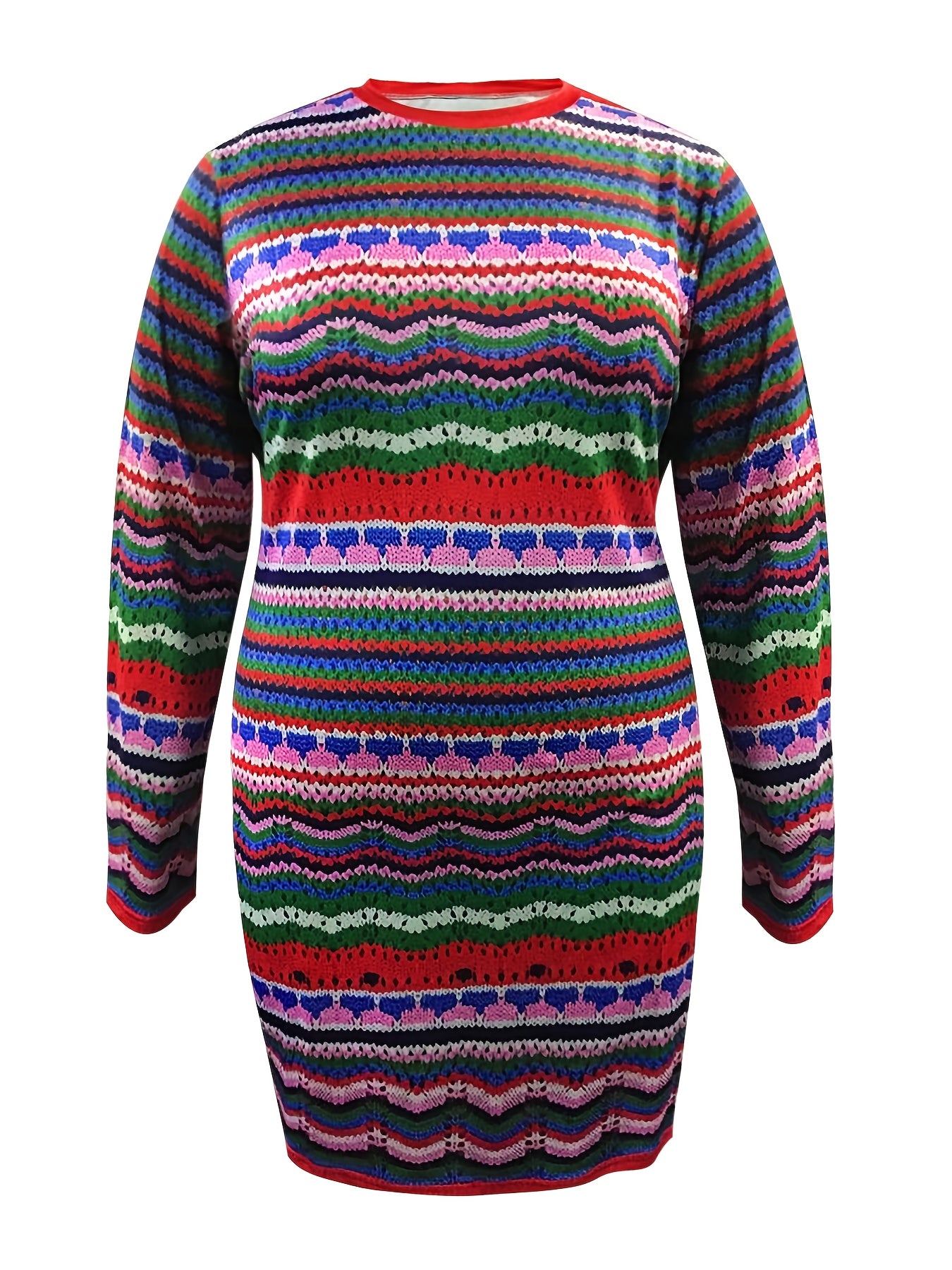  Colorblock Geo Print Long Sleeve Round Neck Dress