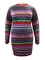  Colorblock Geo Print Long Sleeve Round Neck Dress