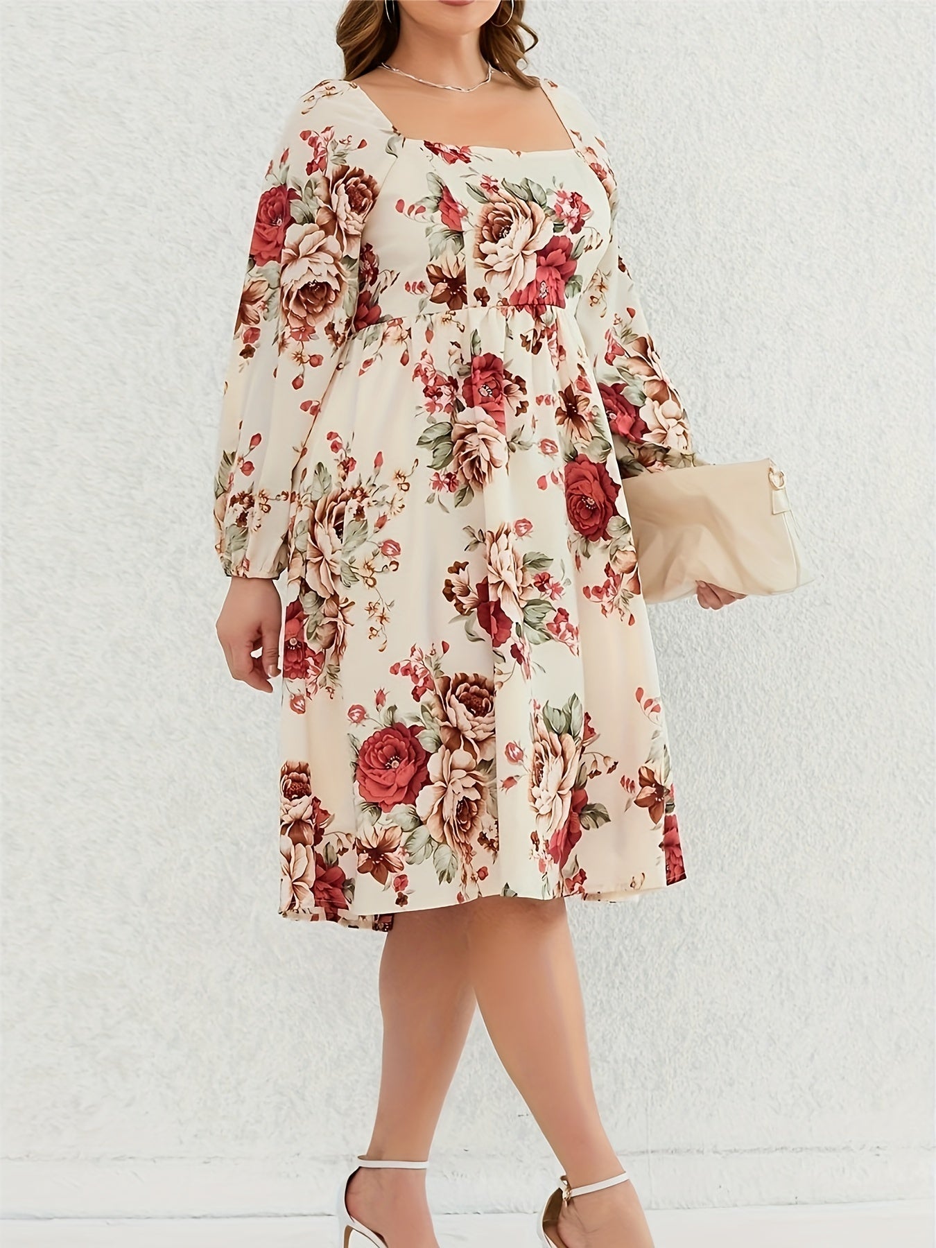  Women's Floral Print Lantern Sleeve Dress